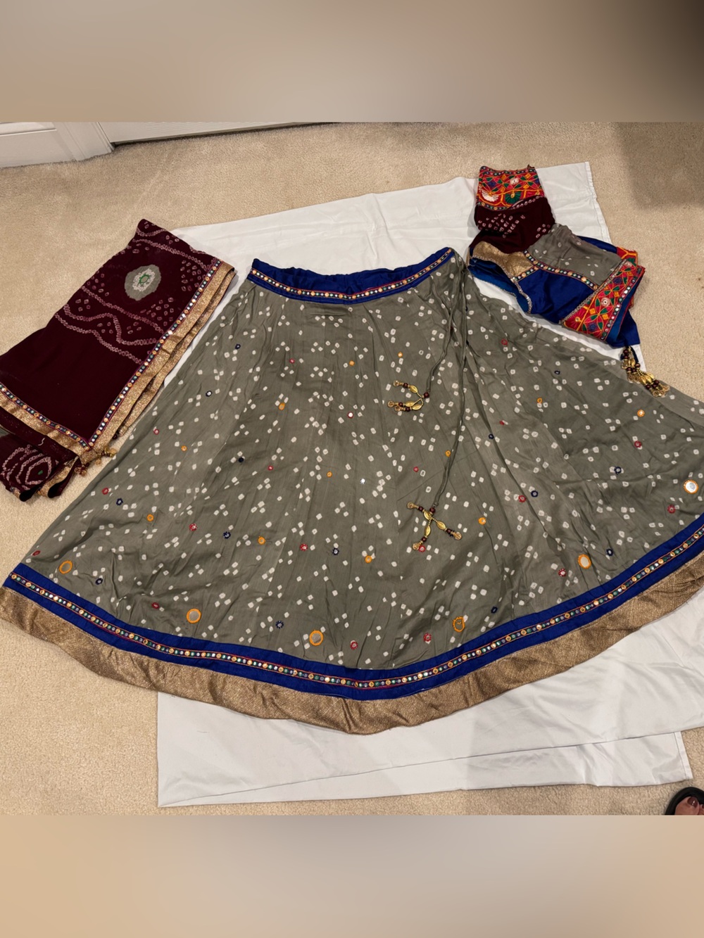 Embroidered Gray Chaniya choli set with Blue and pink mirror work Trim